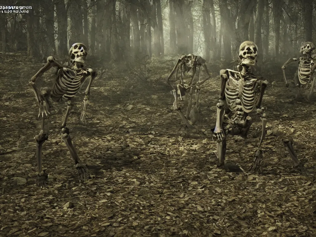 Image similar to frightened screaming human skeletons on amateur home video being attacked by raccoons at night in a dark forest at night, photorealistic amateur photography low camera angle, unreal engine 5 render