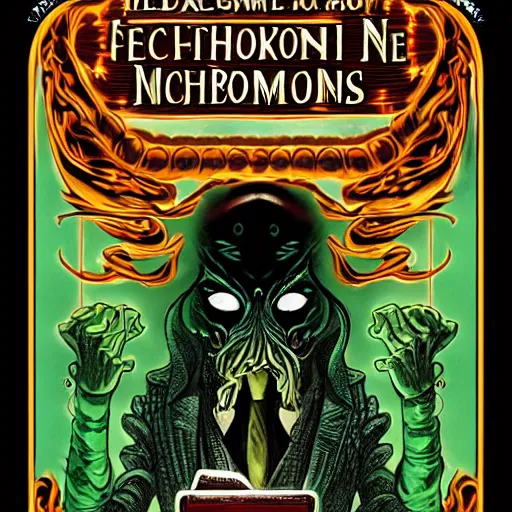 Image similar to Cthulhu as a modern day business man with a family and a drug and gambling addiction, necronomicon is the family Bible , Junji Ito and Greg rutkowski, psychedelic , 50s style infomercial , award winning , retro futuristic