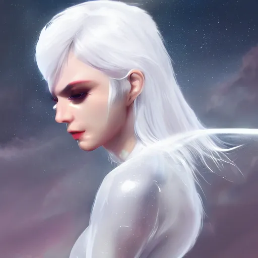 Image similar to beautiful white haired woman dressed in see through space suit in the style of zezhou chen artstation highly detailed, smooth, sharp focus