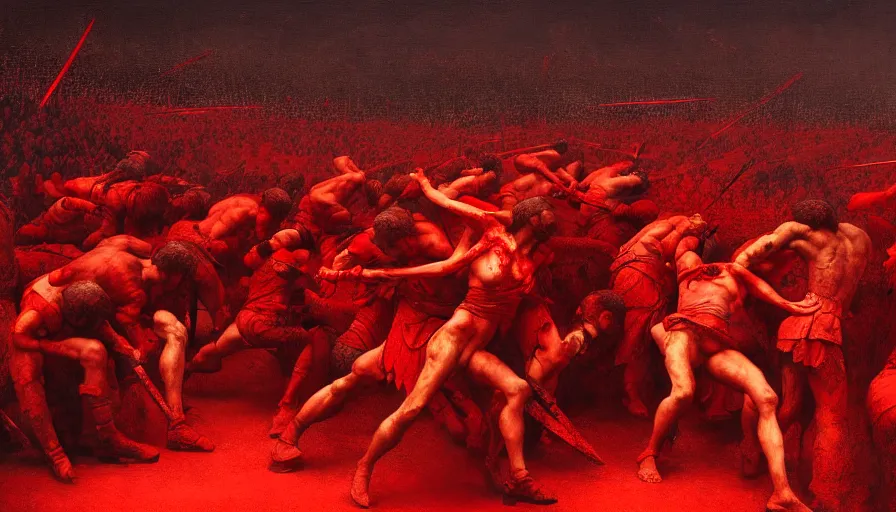 Prompt: only with red, bloody gladiator battle in a crowded roman amphitheatre, crowd cheering, in the style of beksinski and edward hopper and rodcenko and yue minjun and cory loftis, intricate and epic composition, red by caravaggio, highly detailed, masterpiece, red light, artstation, art nouveau