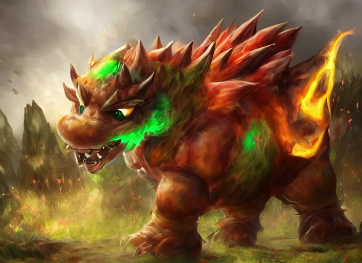 Image similar to detailed concept art of a huge giant bowser by cheng yi and luolin, aartstation, artstationhd, detailed scales, spiky and red hair tuft green scales. bowser, bowser nintendo, koopa, ~ bowser # bowser ( ( mario ) ) bcy. net, realistic. cheng yi, fire breathing. bowser