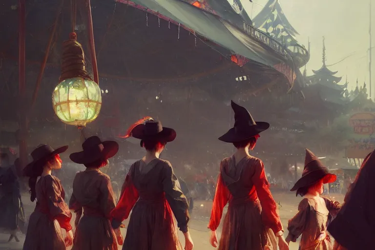 Image similar to close - up of young witches exploring small town carnival amusement, food stalls, big top circus tent, highly detailed, magical, japan, digital painting, concept art, matte, art by ruan jia and wlop and greg rutkowski and makoto shinkai, masterpiece