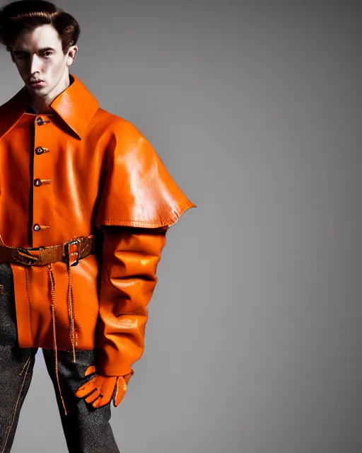 Image similar to a fashion editorial photo of a orange extremely baggy short ancient medieval designer menswear leather jacket with an oversized collar and baggy bootcut trousers designed by alexander mcqueen, 4 k, studio lighting, wide angle lens