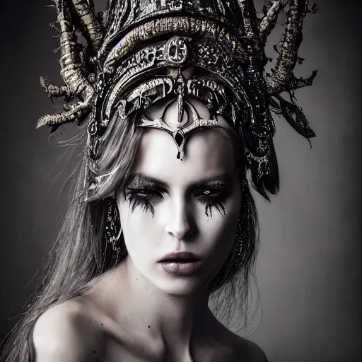 Prompt: a portrait of female model by stefan geselle and nekro borja, photorealistic, intricate details, hyper realistic, dark fantasy, ornate headpiece, dark beauty, photorealistic, canon r 3, photography, wide shot, photography, dark beauty, symmetrical features, beautiful face