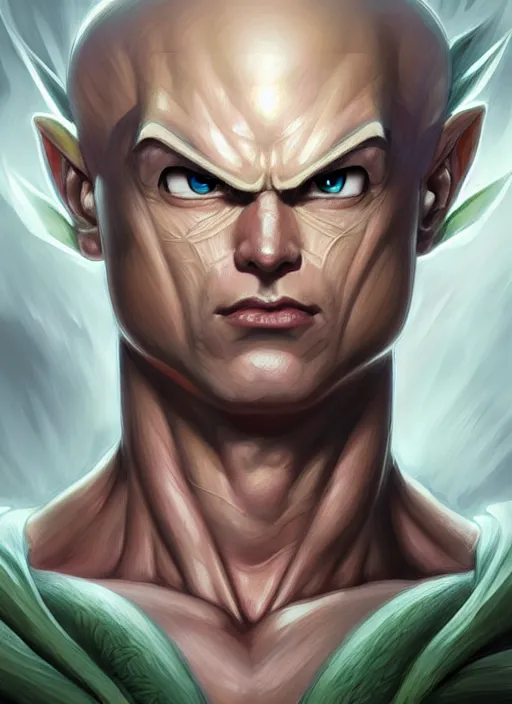 Image similar to Portrait of Cell (from dragon ball), D&D, muscular, fantasy, intricate, elegant, highly detailed, digital painting, artstation, concept art, smooth, sharp focus, illustration, art by artgerm and greg rutkowski and alphonse mucha