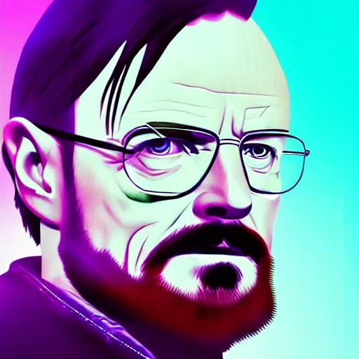 Image similar to walter white mounting jesse pinkman, and a purple coloured leather jacket, one side haircut, long brown hair with light blue ends, portrait, hyperdetailed, artstation, cgsociety, synthwave by tangerine dream, by jean - michel jarre, by vangelis, by john carpenter