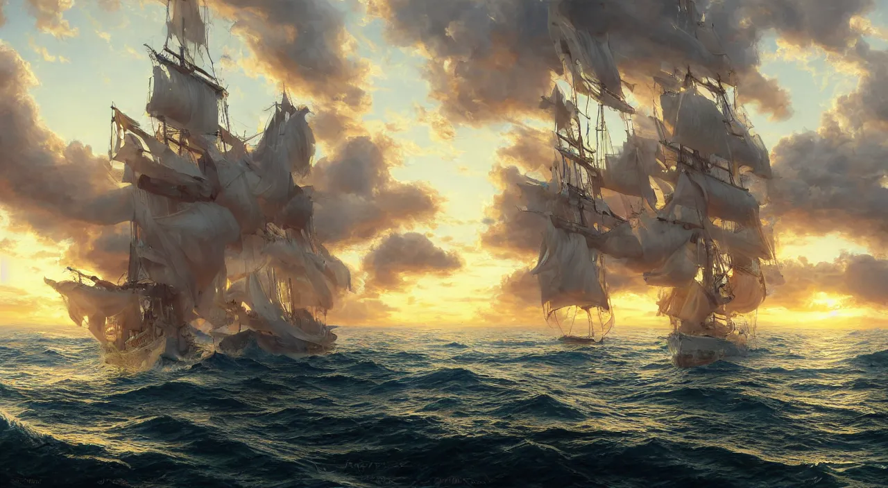 Prompt: detailed oil painting of galleon sailing towards the rising sun, calm ocean, sunset lighting, clear blue sky, hyperdetailed unreal engine 8 k ultra hd, stanley artgerm lau, rossdraws, james jean marc simonetti ruan jia and mandy jurgens and artgerm and william illustration, digital art, concept art