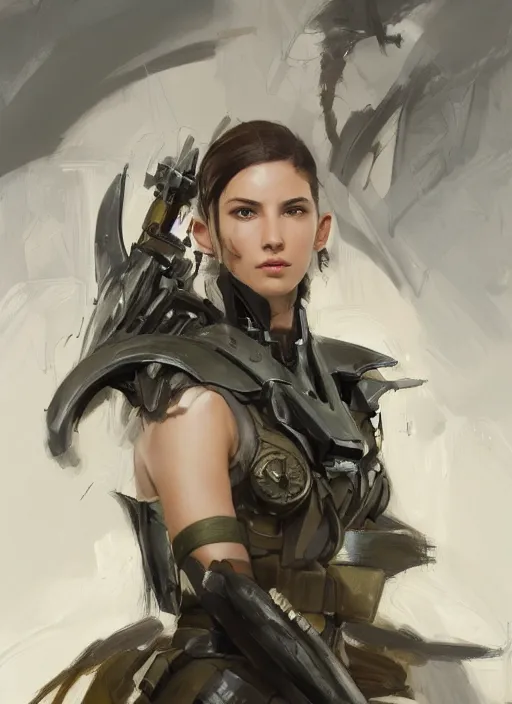 Image similar to a professional painting of a beautiful young female, clothed in military armor, olive skin, long dark hair, beautiful bone structure, symmetrical facial features, intricate, elegant, digital painting, concept art, smooth, sharp focus, illustration, from Metal Gear, by Ruan Jia and Mandy Jurgens and Artgerm and William-Adolphe Bouguerea