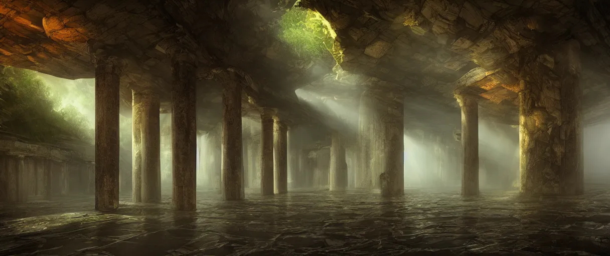 Prompt: a fantasy elven hall interior in the style of a waterfall cave, huge Greek columns, wet floors, high ceiling, dark moody lighting, foggy atmosphere, bright colors, by john howe, octane rendering