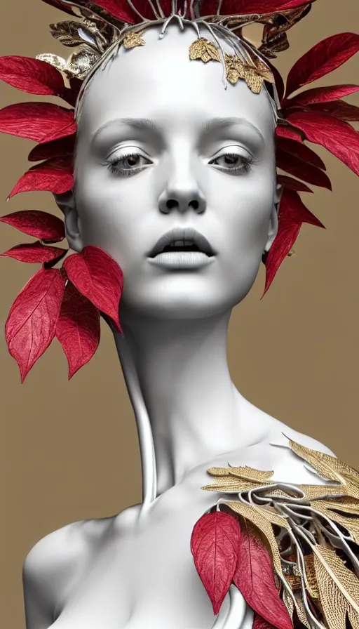 Image similar to complex 3d render ultra detailed of a beautiful porcelain profile woman face, mechanical vegetal cyborg, 150 mm, beautiful studio soft light, spot light, rim light, silver gold red details, luxurious, magnolia big filigran leaves and stems, roots, Alexander Mcqueen haute couture, fine foliage lace, mesh wire, filigran metallic intricate details, hyperrealistic, mandelbrot fractal, anatomical, silver metal armor, facial muscles, cable wires, microchip, elegant, white background, beautiful white teeth, octane render, H.R. Giger style, 8k