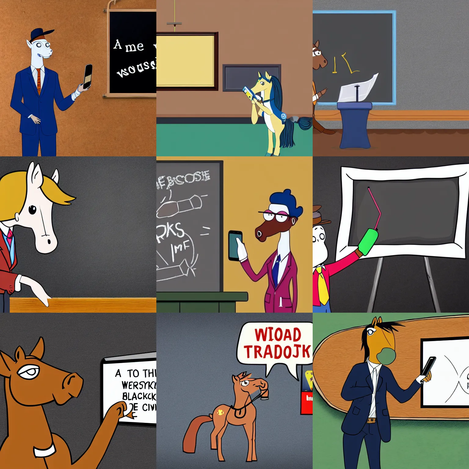 Prompt: a cartoon horse character is wearing a suit, the horse character is teaching in front of the blackboard, he is holding a smartphone, on the blackboard writes sec, horseman bojack