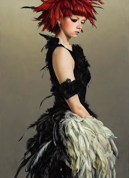 Prompt: teen girl with an eccentric haircut wearing an dress made of feathers, artwork made by ilya kuvshinov and donato giancola