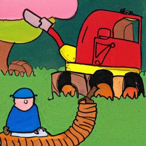 Prompt: children's book illustration of a digger in the backyard