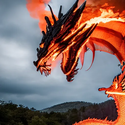 Prompt: photo of a large fire breathing dragon, Sony a7 f2.8