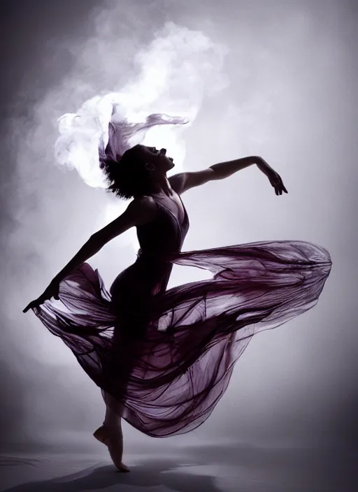 Image similar to a Photorealistic dramatic hyperrealistic render of a beautiful Female smoke dancer by Ken Brower and Deborah Ory of NYC Dance project,Lois Greenfield,Flowing cloth and smoke,Beautiful dynamic dramatic dark moody lighting,volumetric,shadows,cinematic atmosphere,Octane render,8K