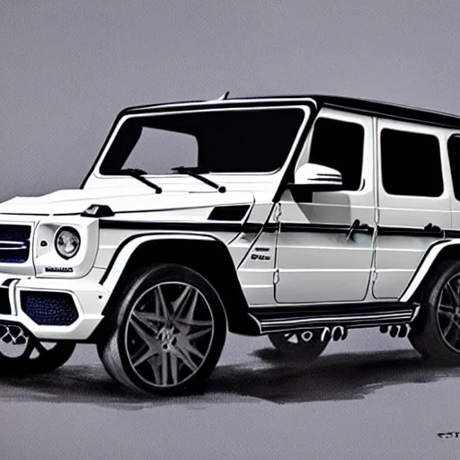 Prompt: White 2019 Mercedes G63, highly detailed, digital painting, artstation, concept art, smooth, sharp focus, illustration, art by artgerm and greg rutkowski and alphonse mucha
