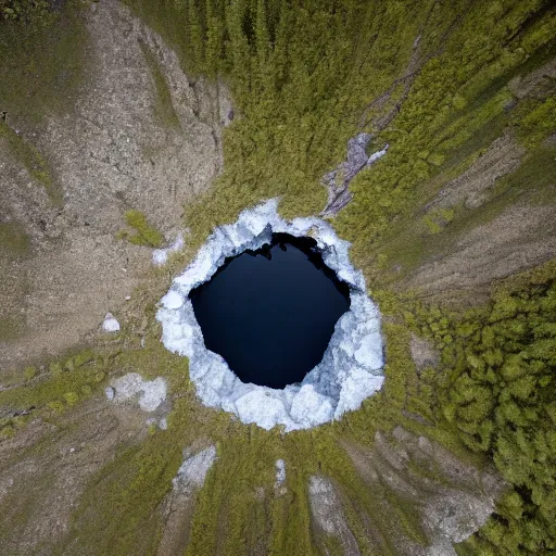 Image similar to aerial shot of permafrost sinkhole forming in siberia