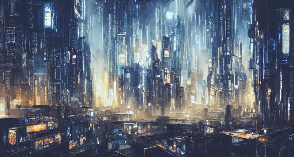 Prompt: a super detailed beautiful painting of a city by shaddy safadi, 8 k, blue hue, warm lighting, cyberpunk trending on artstation