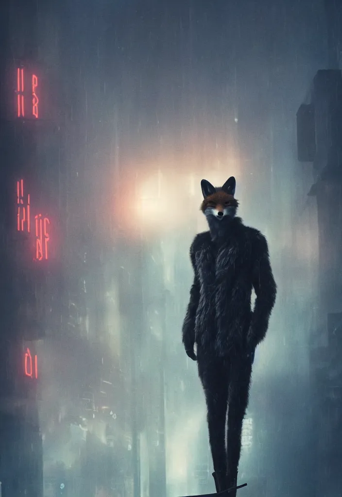 Prompt: anthro fox furry in Blade Runner: 2049, wearing a leather uniform, city streets, fursona, anthropomorphic, furry fandom, film still