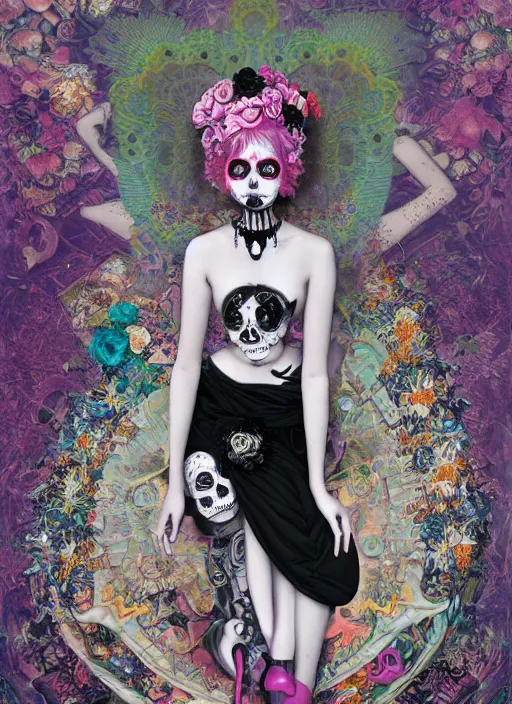 Image similar to cute punk goth fashion fractal Día de los Muertos tattoed girl posing by Zhang Jingna, poster art by Hannah Höch Victor Moscoso Dan Mumford Kilian Eng Hannah Jeffrey Smith Rick Griffin Alphonse Mucha Gustav Klimt Ayami Kojima Amano Charlie Bowater, violet and black