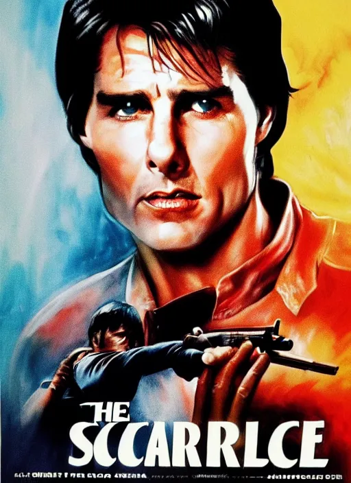 Prompt: the movie poster of scarface with tom cruise, high quality, studio photography, colourful, hero, 1 9 8 8, heroic, beautiful