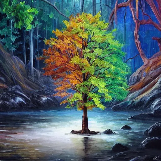 Image similar to A beautiful, highly detailed, very realistic oil painting of a single tree with rainbow leaves, next to a small river, glowing bright blue in the middle of a huge, very dark cave, with lots of dark grey rocks, oil painting by Afremov and Greg Rutkowski.