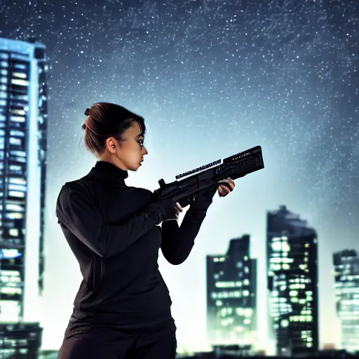 Image similar to photographic portrait of a techwear woman holding a Glock 18, closeup, on the rooftop of a futuristic city at night, sigma 85mm f/1.4, 4k, depth of field, high resolution, 4k, 8k, hd, full color