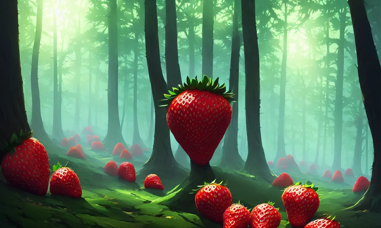 Prompt: Dark forest large strawberries, vector art, behance hd by Jesper Ejsing, by RHADS, Makoto Shinkai and Lois van baarle, ilya kuvshinov, rossdraws global illumination