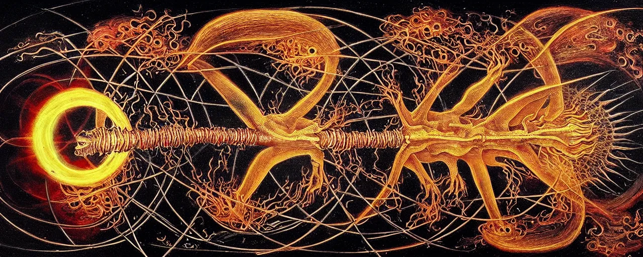 Image similar to a strange fire creature with endearing eyes radiates a unique canto'as above so below'while being ignited by the spirit of haeckel and robert fludd, breakthrough is iminent, glory be to the magic within, in honor of saturn, painted by ronny khalil