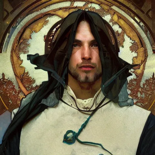 Image similar to Digital portrait of the male great inquisitor of the Sect of the Holy Truncated Spoon. Art by Greg Rutkowski and Alphonse Mucha