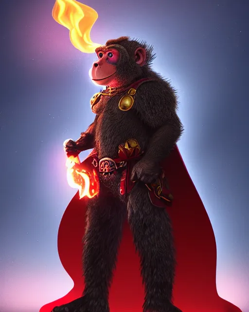 Image similar to fury art, an anthro monkey wearing a large cape and a fantasy armor, fire, fiery background, 3 d, 8 k, extremely detailed, trending on furaffinity, trending on artstation, award winning, sharp focus, illustration