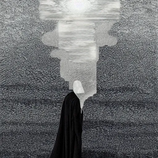Image similar to A creature 5 meters tall, in a black chiffon layered robe, in a glitch hat Stuck in the textures of the sea, style of Hiroshi Sugimoto::atmospheric illustration