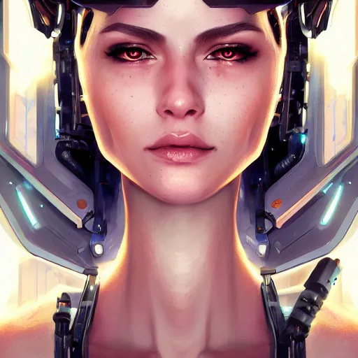 Prompt: closeup portrait of a young cyborg woman, cyberpunk, nighttime, fantasy, intricate, elegant, highly detailed, digital painting, artstation, concept art, matte, sharp focus, illustration, hearthstone, art by Artgerm and Gred Rutkowski and Alphonse Mucha