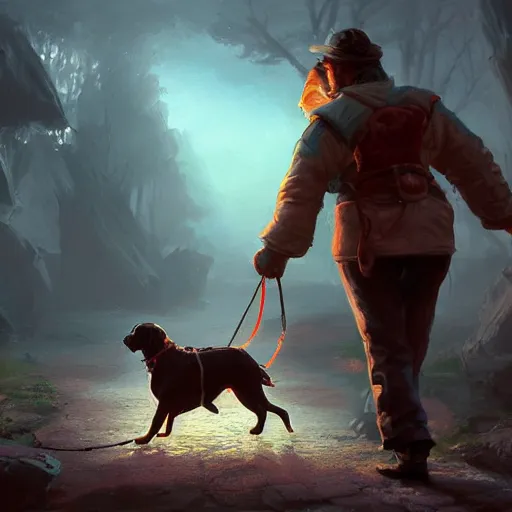 Image similar to a guy walking his dog, fantasy, hd, volumetric lighting, 4 k, intricate detail, by jesper ejsing, irakli nadar