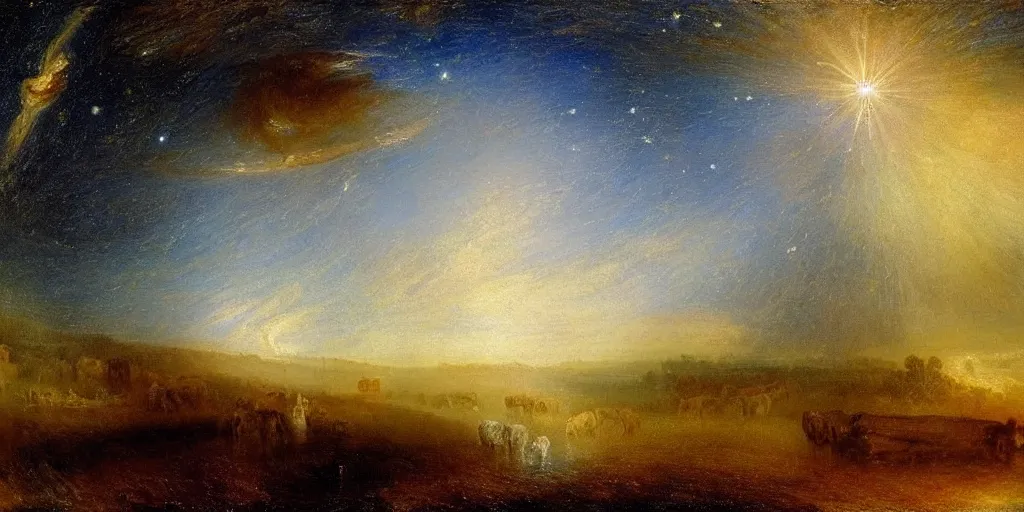 Prompt: stunning farm landscape with sky full of galaxies by j. m. w turner