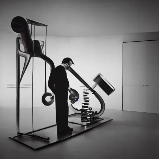Image similar to filmstill of Marcel Duchamp working on a futuristic machine, long exposure, minimal packshot, archival pigment print