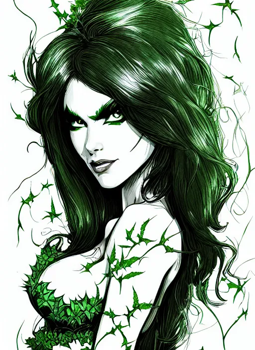 Image similar to concpet art, full shot, traditional ink, sketch, of poison ivy, line sketch, intricate, elegant, highly detailed, monochrome, digital painting, artstation, concept art, green, black, red ink sharp focus, illustration, art by borderlands 3 and peter polach