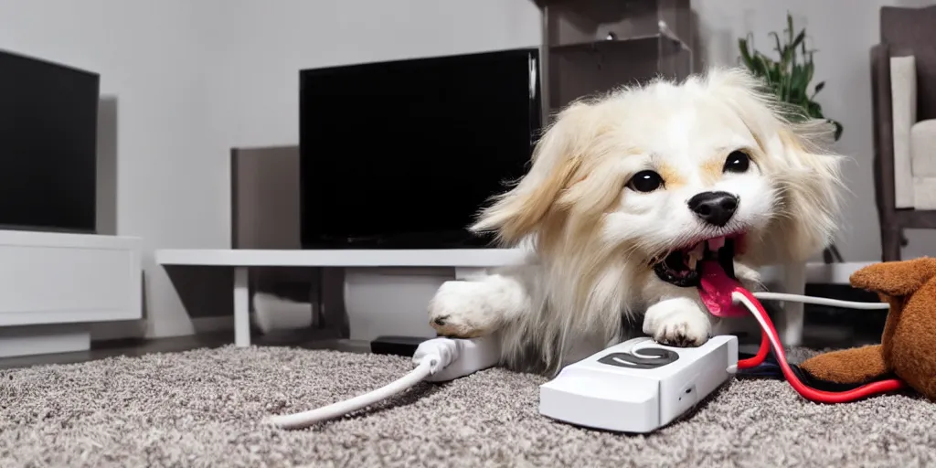 Prompt: cartoon dog biting the electical power cord behind a television