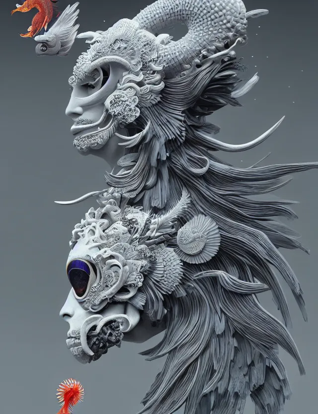 Image similar to 3 d goddess close - up profile portrait russian with ram skull. beautiful intricately detailed japanese crow kitsune mask and clasical japanese kimono. betta fish, jellyfish phoenix, bio luminescent, plasma, ice, water, wind, creature, artwork by tooth wu and wlop and beeple and greg rutkowski