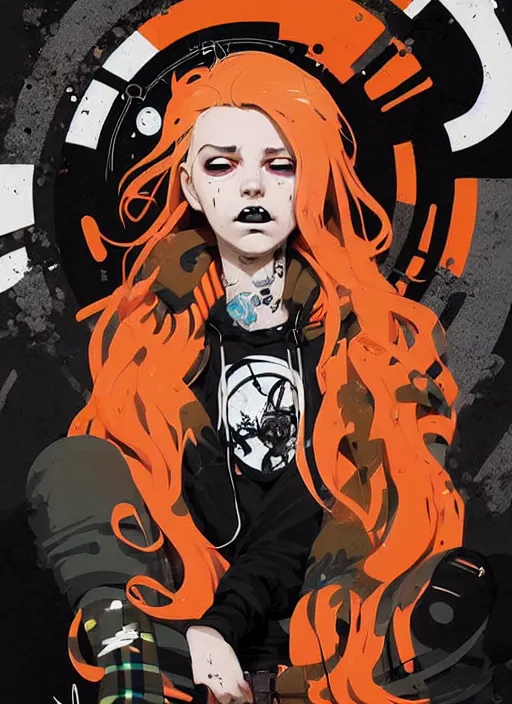 Image similar to highly detailed portrait of a sewer punk lady, tartan hoody, blonde ringlet hair by atey ghailan, by greg rutkowski, by greg tocchini, by james gilleard, by joe fenton, by kaethe butcher, gradient orange, black, blonde cream and white color scheme, grunge aesthetic!!! ( ( graffiti tag wall background ) )