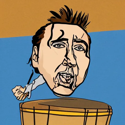 Image similar to nic cage breaking a drum over his knee, stylized album cover