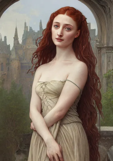 Prompt: portrait of sansa stark in foggy ruins of castle, autumn, intricate, elegant, highly detailed, digital painting, artstation, concept art, smooth, sharp focus, illustration, art by artgerm and greg rutkowski and alphonse mucha and william - adolphe bouguereau