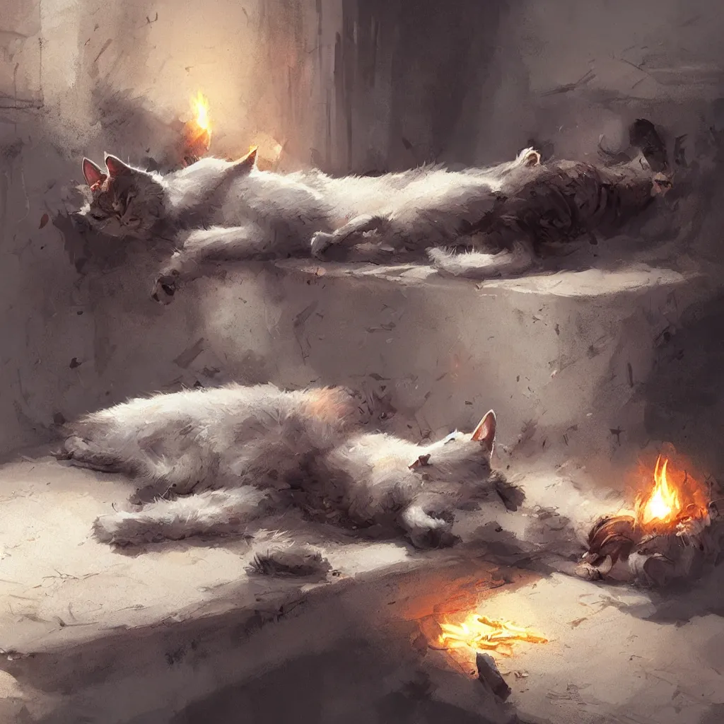 Image similar to cat laying on bed in under ground base, concept art, by greg rutkowski, fire, ice