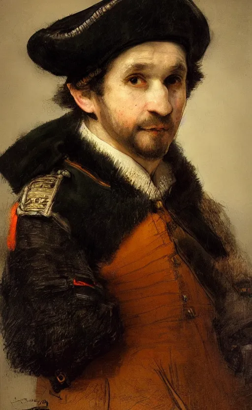 Prompt: a beautiful portrait of summit 1 g in a general's outfit, by rembrandt, featured on artstation