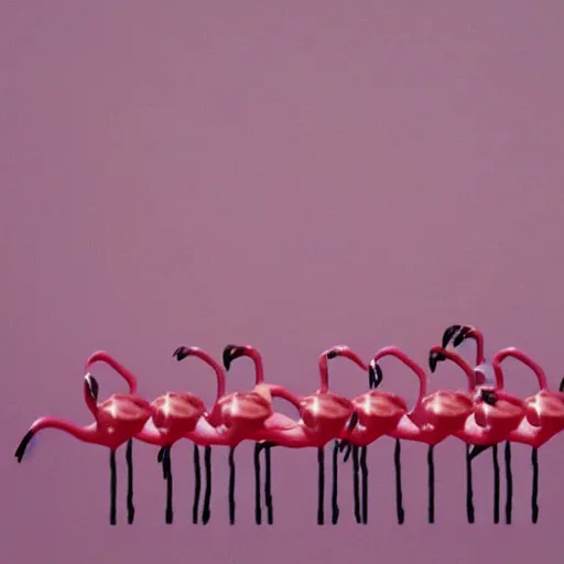 Image similar to ten melting pink flamingos in the style of Dali