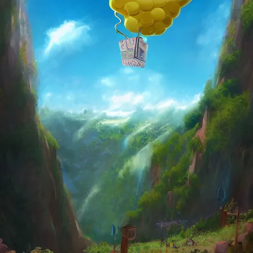 Image similar to a giant cake hanging below birthday balloons and floating above a beautiful stunning landscape. digital art, artstation cgsociety masterpiece
