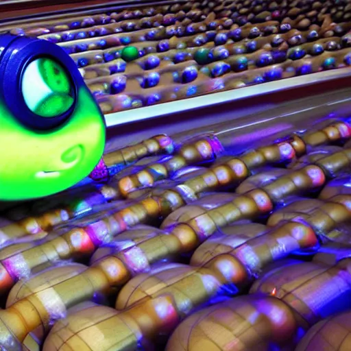 Prompt: Mike wazowski sat in a rack of bowling balls, at the bowling alley, middle lane, Pixar animation, soft lighting, 4k