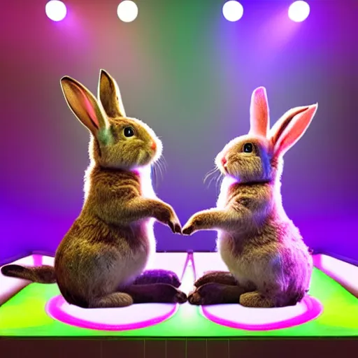 Image similar to two rabbits laying music on a stage with green and pink stage lights