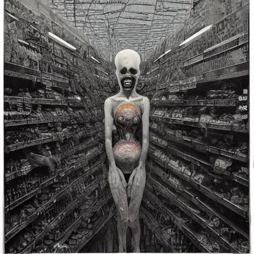 Image similar to lost in the supermarket, from the terrifying and incomprehensible beyond, body horror, by gerard brom, zdzisław beksinski and ansel adams