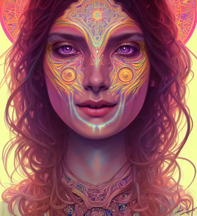 Image similar to symmetry!! portrait of hippie girl smiling, glowing eyes!! psychedelic, intricate, elegant, highly detailed, digital painting, artstation, concept art, smooth, sharp focus, illustration, art by artgerm and greg rutkowski and alphonse mucha, 8 k